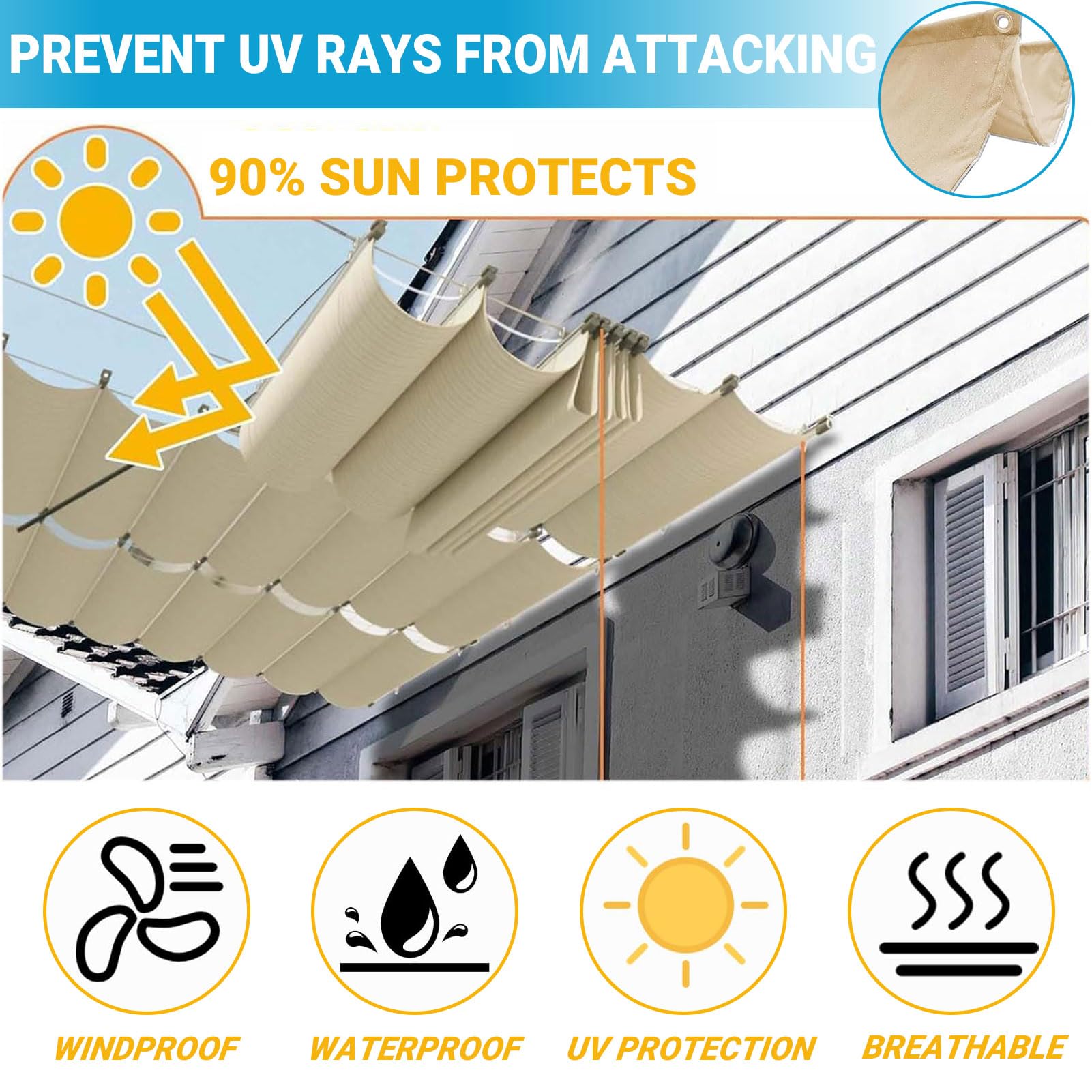 Ausziehbares Sonnensegel für Pergola, wasserdichtes Sonnendach mit 95 % UV-Schutz, Terrassenabdeckung, einfache Installation, windbeständig, 1,5 x 8 m