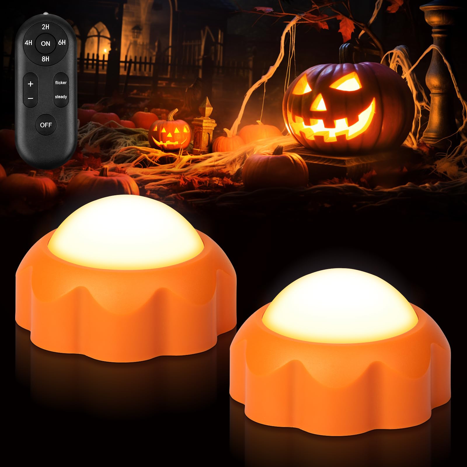 Cadrim 2 PCS Halloween LED Pumpkin Lights with Remote Timer, Battery Operated 6 Color Changing Bright Flickering Flameless Candles, Dimmable Jack-O-Lantern for Halloween Decoration