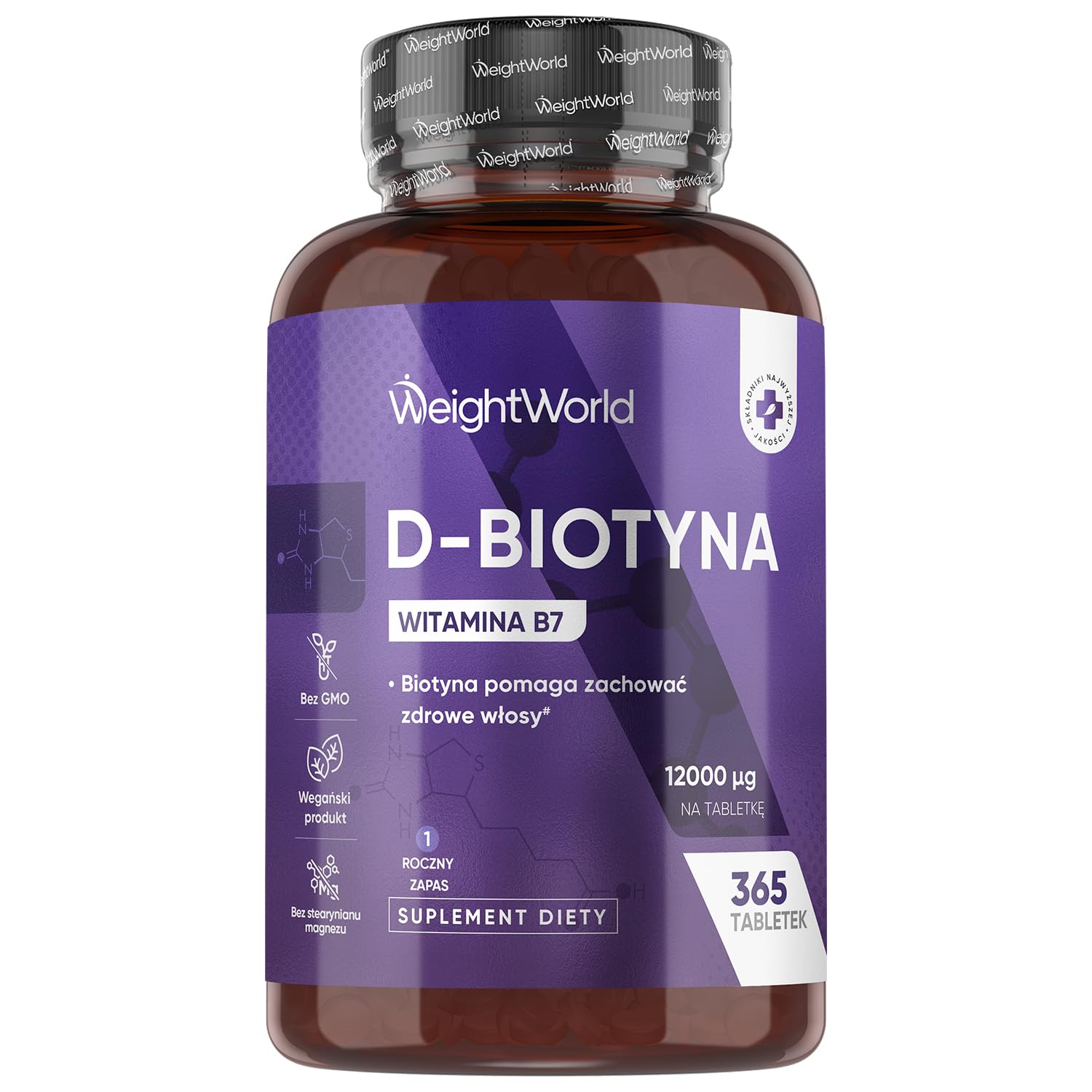 Biotyna 12 000 mcg – 365 tabletek suplementu witaminy B7 dla kobiet i mężczyzn, Biotyna przyczynia się do utrzymania prawidłowego stanu włosów (EFSA) – na 1 rok, wegańska