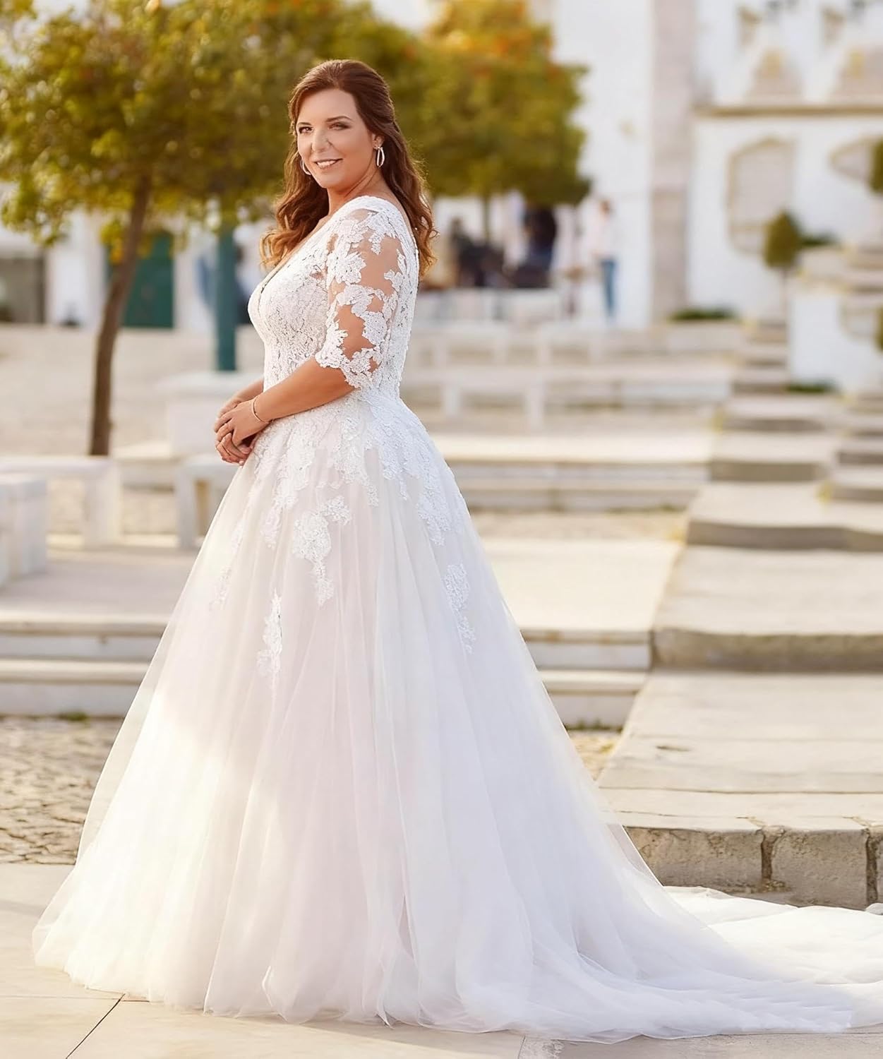 Plus Size Wedding Dress for Bride with Long Sleeve V Neck Lace Appliques Long Bridal Gowns for Women 2026