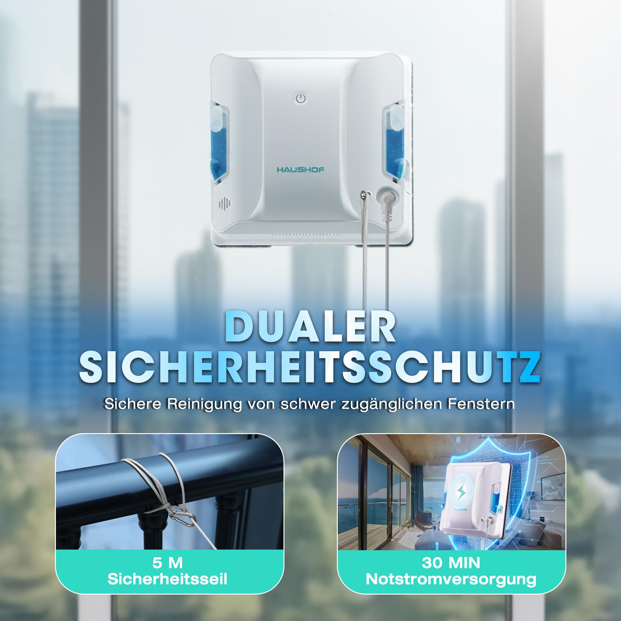HAUSHOF Fensterputzroboter, Elektrischer Fensterputzer mit 3800Pa Saugkraft | Automatischer Fensterreiniger, 3 Reinigungsmodi, Doppelwassertank, Intelligente Pfadplanung, 10 m Fernbedienung für Fenster