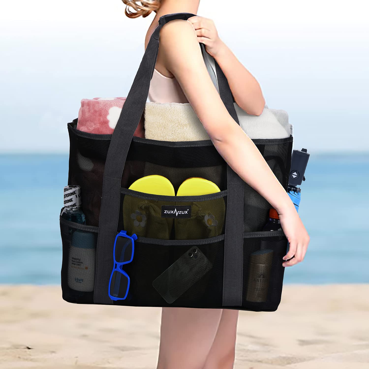 Borsa Mare Grande Con Cerniera, Borsa Spiaggia, Pieghevole Rete Borsa Porta, Supermercato Famiglia Nuoto la Palestra Estate Donna Uomo