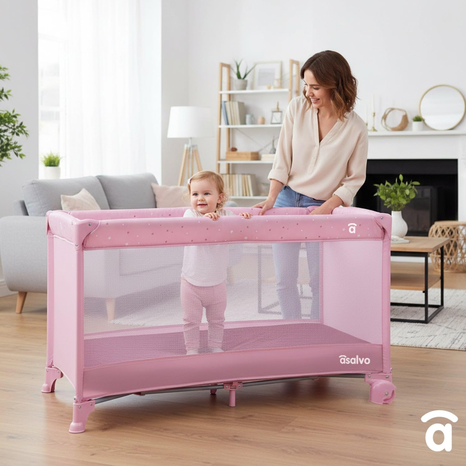 Asalvo Berceau de voyage pliable pour bébé de 0 à 3 ans (15 kg) | Lit portable avec matelas, sac et roues avec frein | parc pour enfants compact facile à transporter | Baléares (rose)