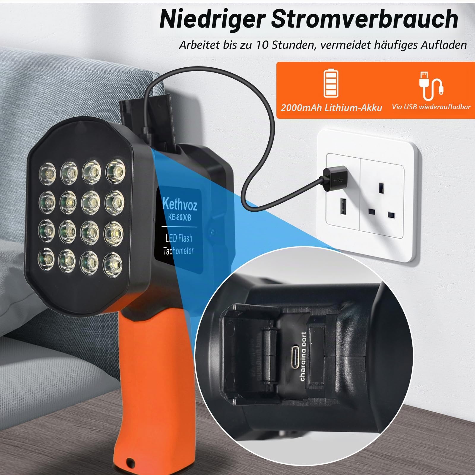 Digital Strobe Tachometer, Kethoz Handheld Stroboscope Speedometer Measure Motor Propeller Rotational Speed 60-100000 U/min mit 0.001%, Phasenanpassung, Akkubetrieben Non-Kontakt Stroboskop KE-8000B