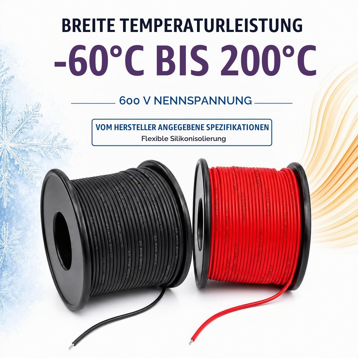 TUOFENG 22 AWG Elektrokabel [61 Meter schwarzer Draht und 61 Meter roter Draht] Flexibler Silikondraht 22 Gauge Litzendraht Kabelspule aus verzinntem Kupferdraht