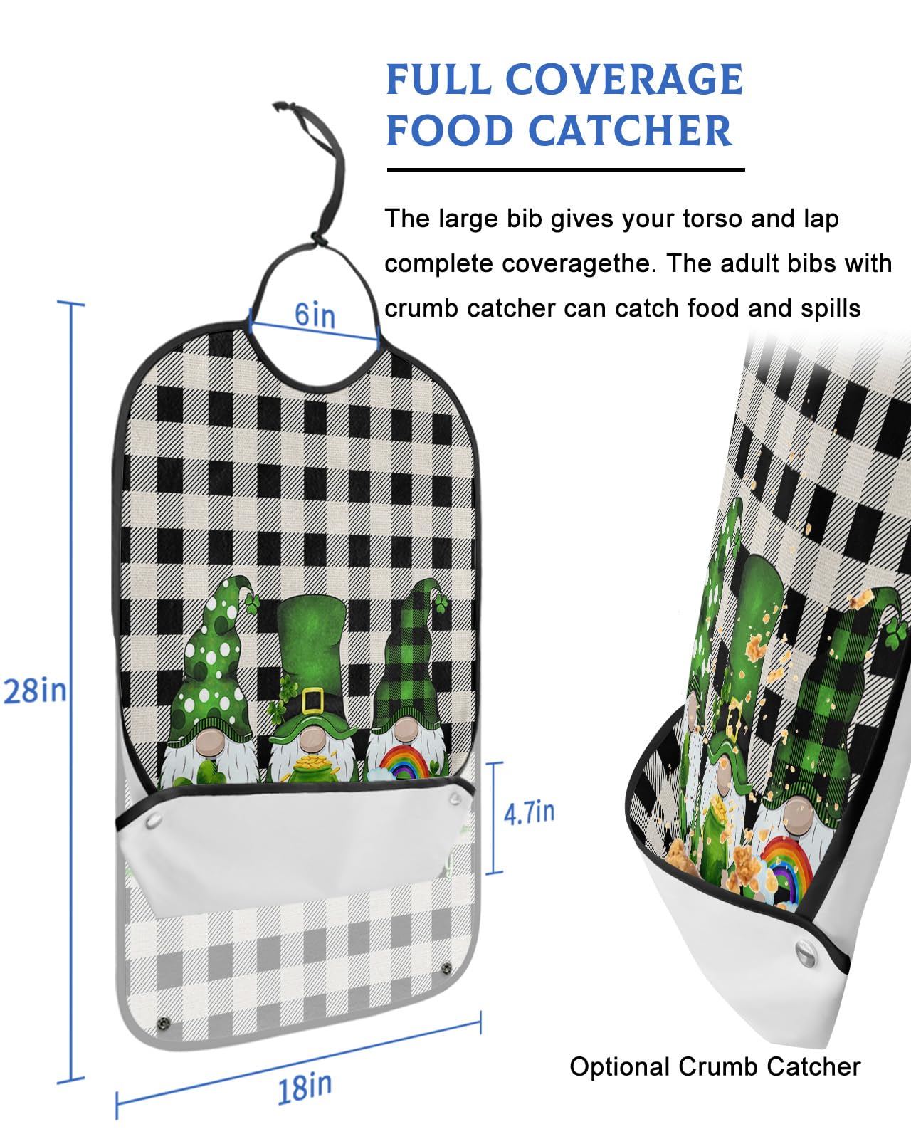 St. Patrick's Day Adult Bibs for Eating, Waterproof Bibs with Food Catcher & Adjustable Snap Closure, Gnomes Lucky Clover on White and Black Buffalo Plaid Clothing Protectors Adult Bibs for Elderly