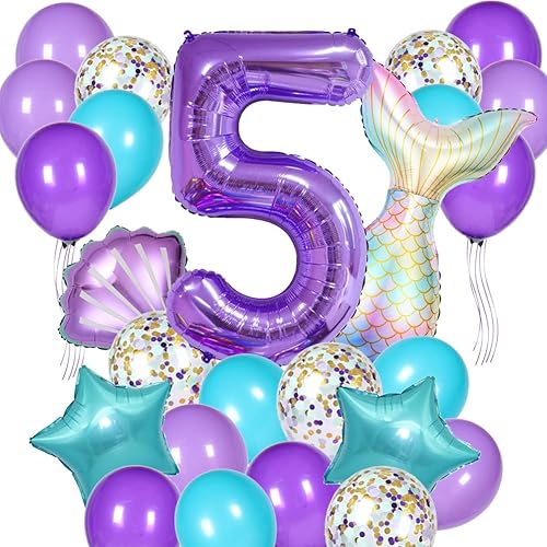 Decoraciones de cumpleaños de sirena juego de 25 piezas de suministros de fiesta con cola de sirena, concha, estrella, globos de látex y globo del