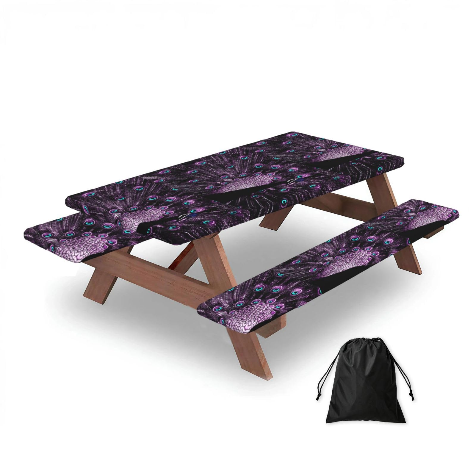 Purple Peacock, Picnic Table Cover With Bench Covers -Waterproof Elastic Fitted Tablecloth for Garden Camping Patio 76x152cm