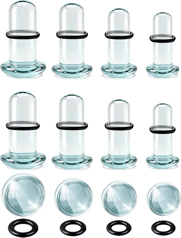 WINSENET Kit com 8 plugs de vidro single flare para alargamento de orelha, 6,5 mm a 8 mm, com anéis de borracha