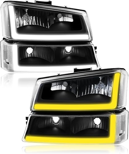 GORWARE Faros delanteros para Silverado 2003 2004 2005 2006 2007, con tubo LED DRL + interruptor secuencial, conjunto de carcasa de faros negros con