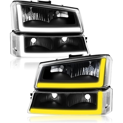 GORWARE Headlights for Silverado 2003 2004 2005 2006 2007, with LED DRL Tube + Sequential Switchback, Black Headlights Housing Assembly with Black Housing Clear Lens Clear Reflector