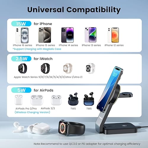 Miniatura 3 de Estación de carga inalámbrica 3 en 1 para dispositivos Apple, cargador inalámbrico de 15 W para iPhone 1615141312, Apple Watch, AirPods, cargador