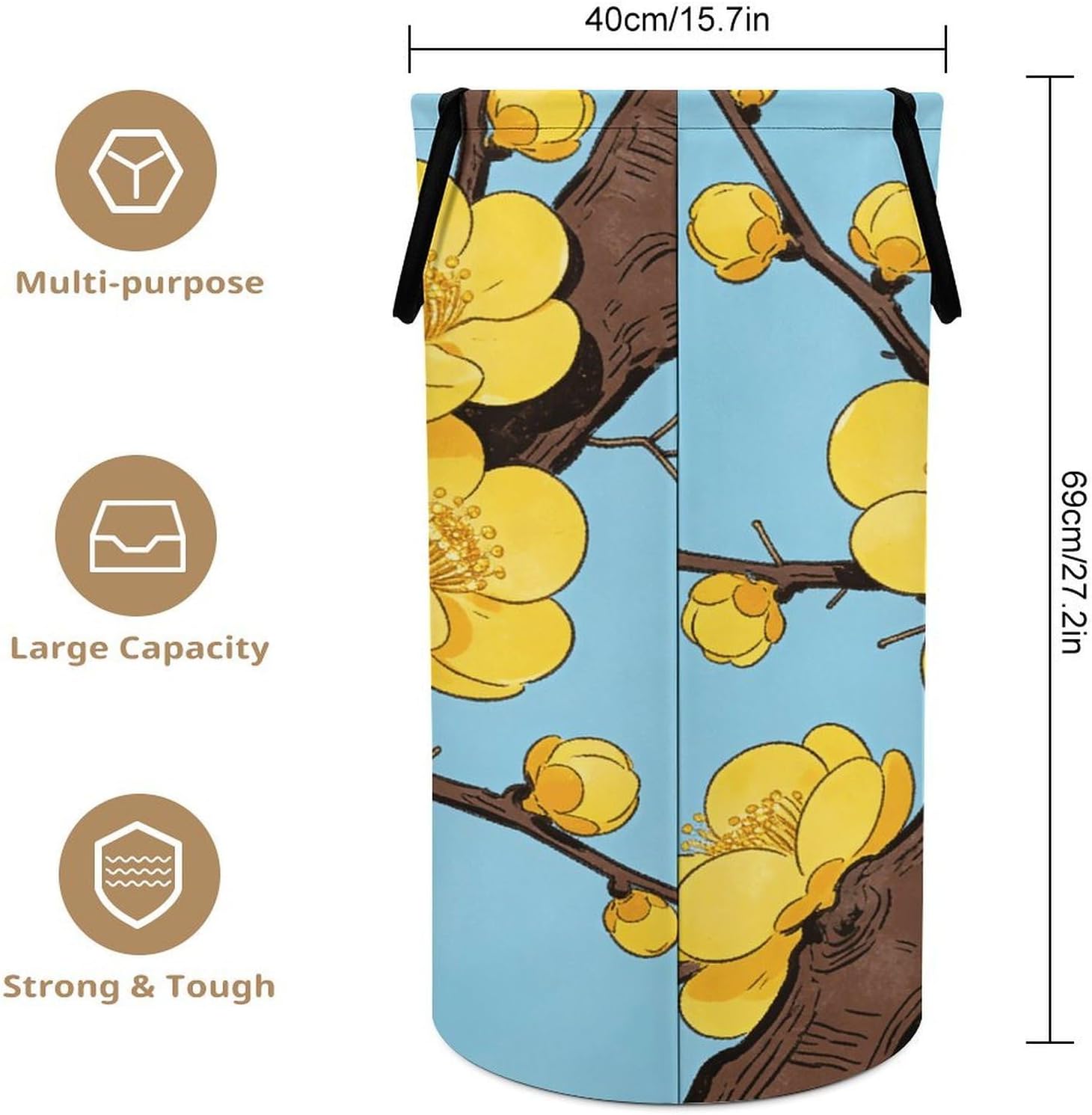 Yellow Plum Blossom Laundry Hamper with Handles Waterproof Collapsible Laundry Basket Large Lightweight Round Dirty Clothes Hamper for Home Dorm Bathroom Decor