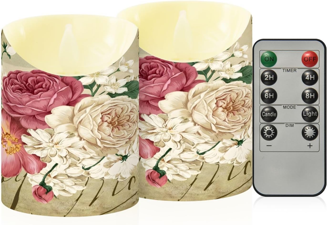 Flameless Candles Set of 2 Vintage Rose Floral Realistic LED Candles with Remote Battery Operated Holiday Decorations