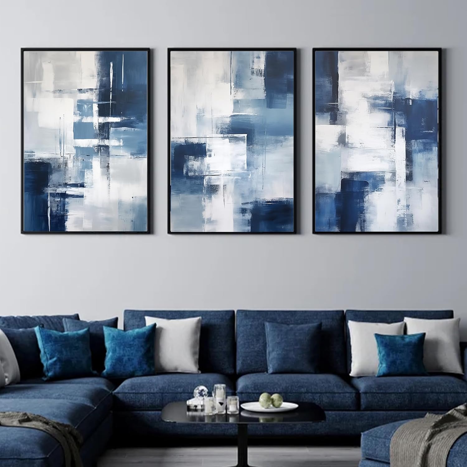 Abstract Blue And White Wall Art Modern Blue Painting White And Grey Posters Abstract Geometric Painting Minimalist Geometric Prints Modern Minimalist Poster For Living Room 16x24inchx3 Frameless