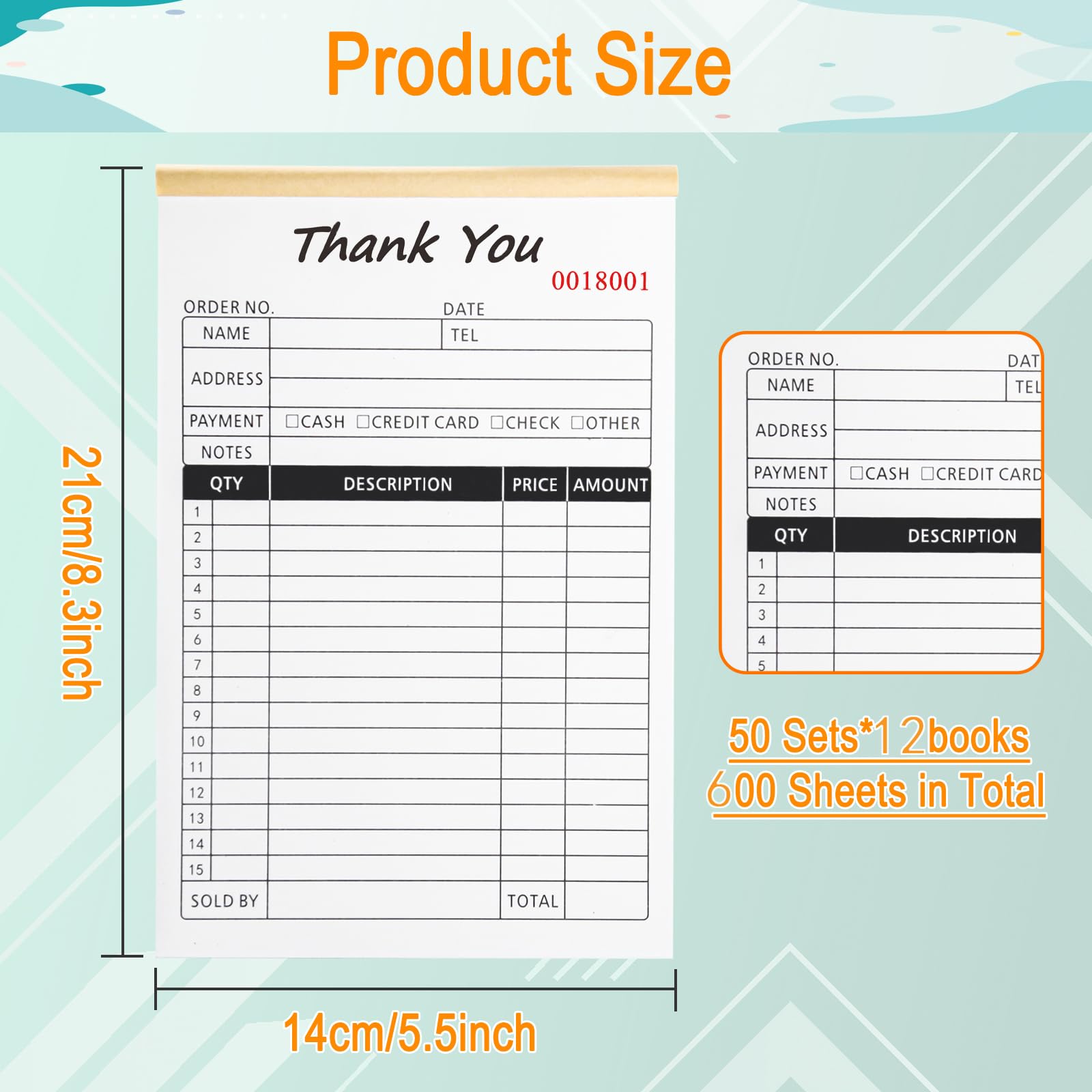 Lot de 20 carnets de reçus de remerciement, carnet de factures en 2 parties sans carbone avec carton pour petites boutiques, (21 x 14 cm, 50 ensembles x 20)