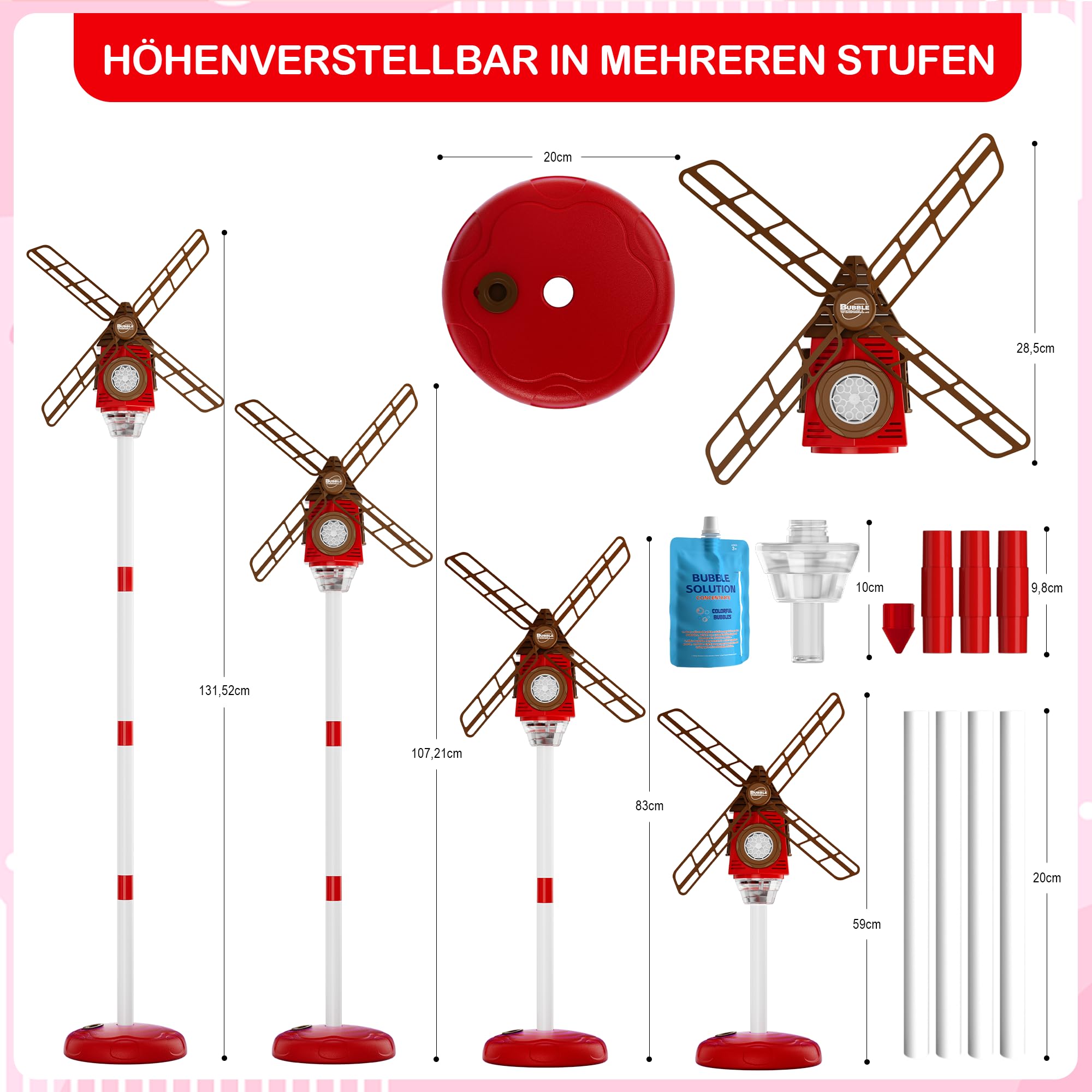 Belemar Windmühlen-Seifenblasenmaschine mit Licht und Musik, bis zu 1,3 m höhenverstellbar, 130-ml-Tank, batteriebetriebene Seifenblasenmaschine für Kinder, Geburtstage, Partys und Garten