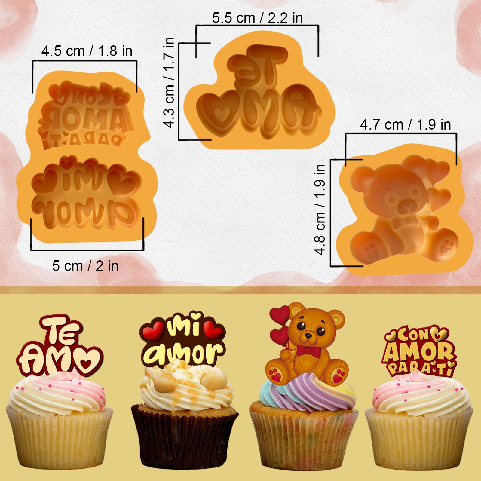 3 moldes de silicona románticos con frases en español, moldes de fondant con tamaño perfecto para fresas cubiertas de chocolate, cupcakes, fondant y pequeños dulces.