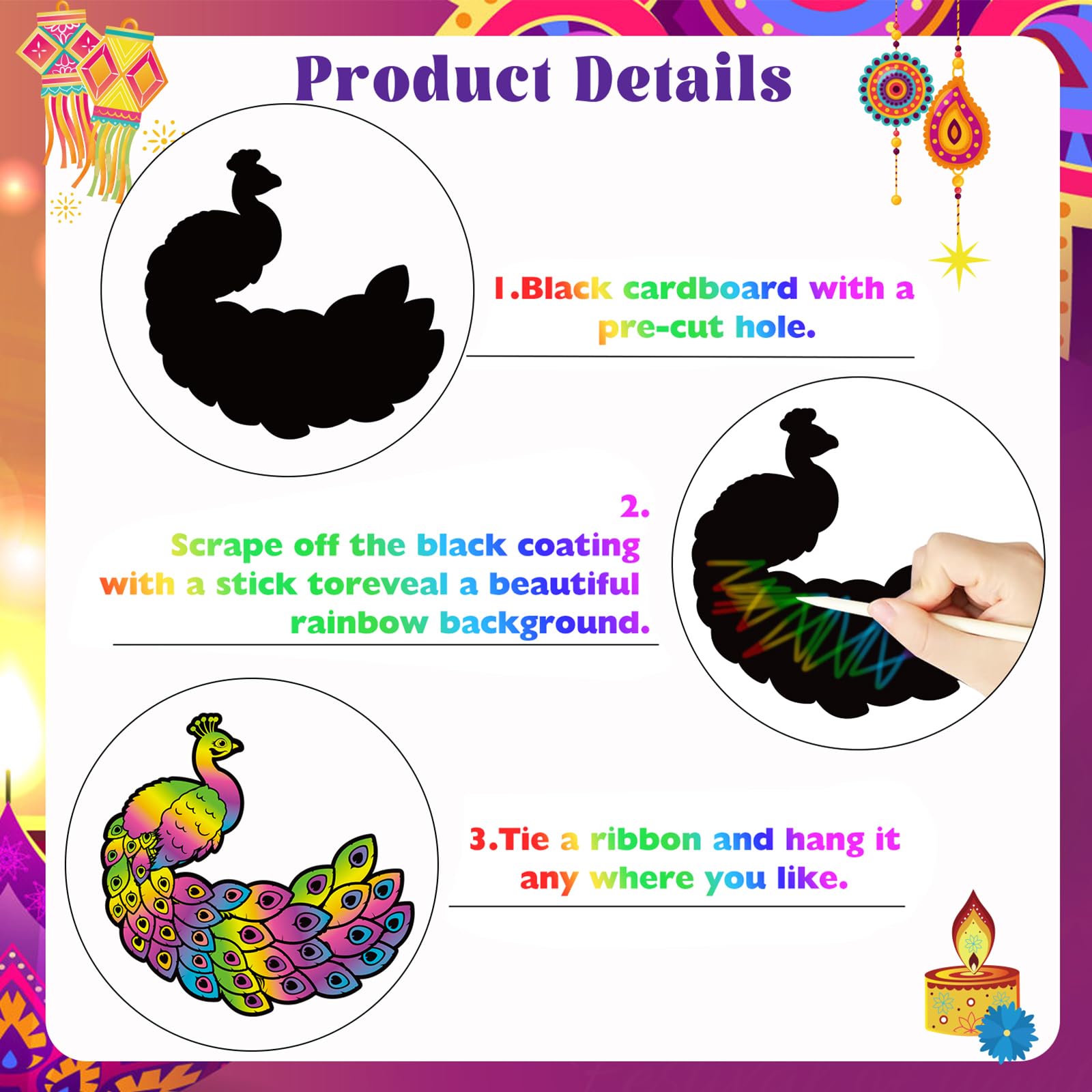 HOWAF 36 Diwali Scratch Art for Kids Diwali Crafts for Kids with Diyas & Rangoli Designs Rainbow Scratch Paper Happy diwali Decorations Hanging Ornaments Craft Kits Gifts for kids Party Bag Fillers - Image 3