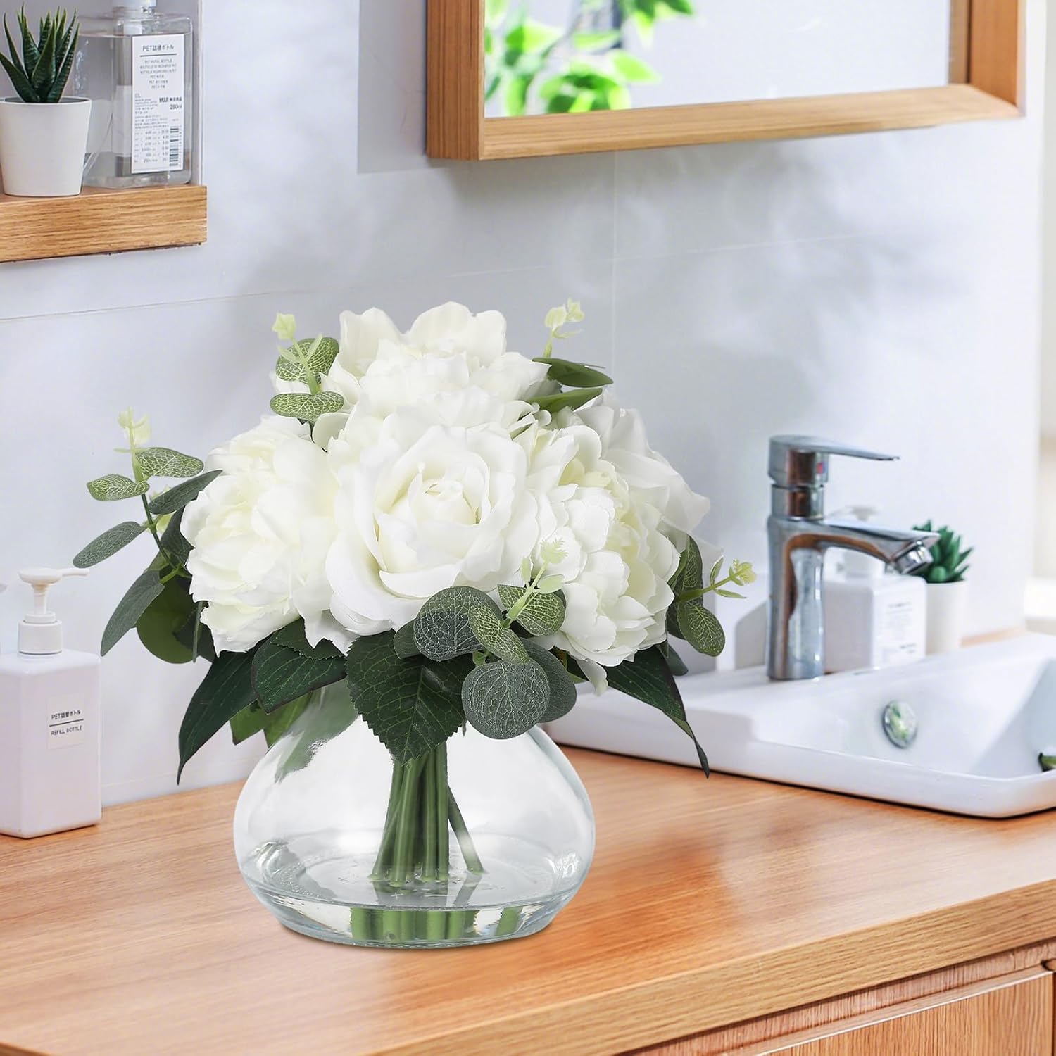 Lifelike Artificial Flower Arrangements with 4 Roses + 4 Peonies in Glass Vase with Faux Water for Wedding & Home Table Centerpieces