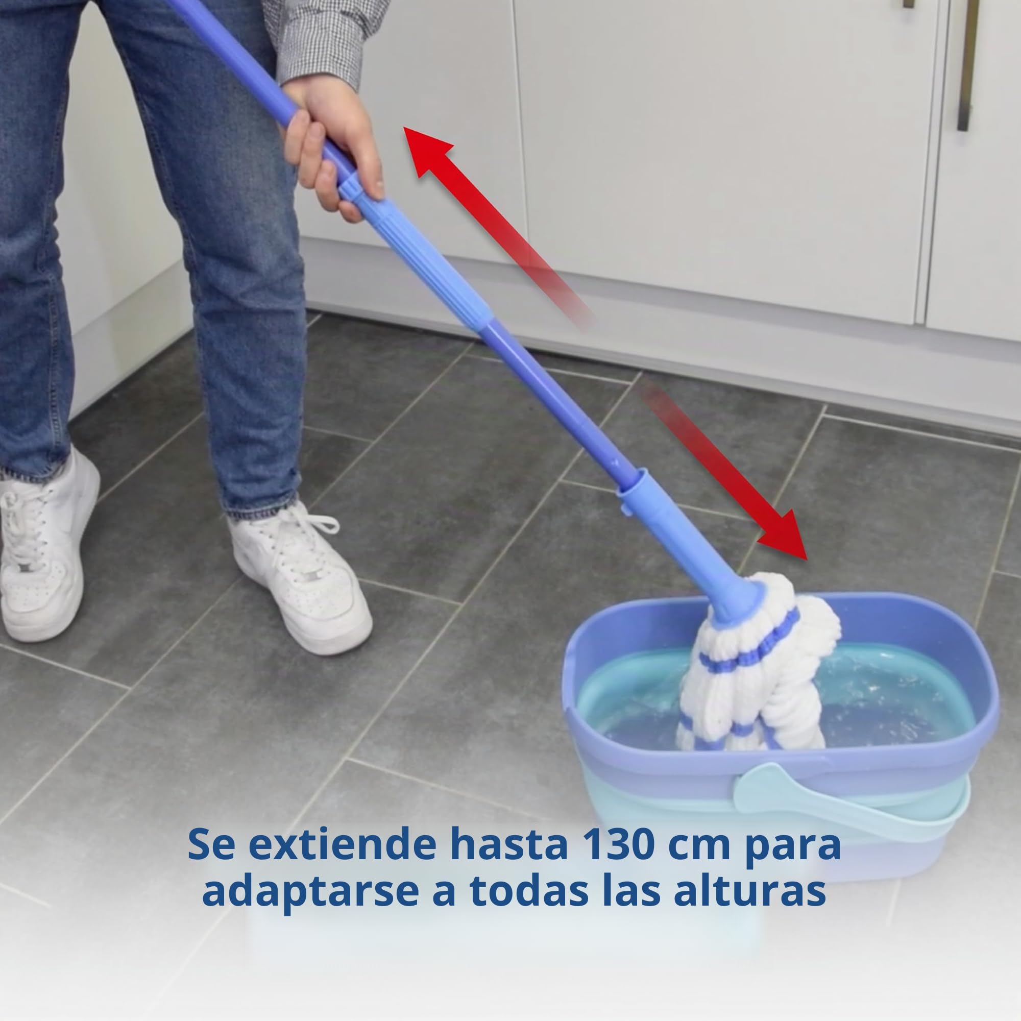 SPONTEX - Twist Mop - Balai à franges microfibre non rayant - Système d'essorage intégré - Manche télescopique ultra compact - 1 Balai