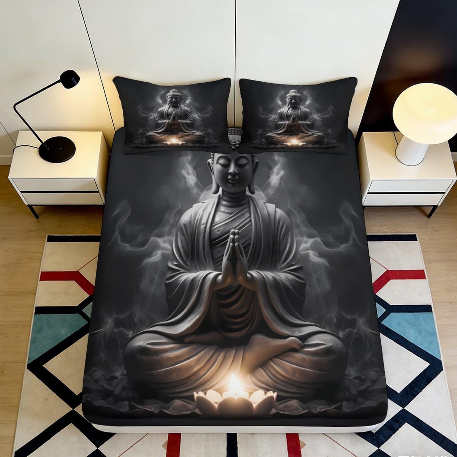 3D Printed Buddha Statue Fitted Sheet Microfiber Soft Breathable Meditation Smoke Bed Cover for Bedroom Dormitory Guest Room Mattress Protection Decor 140x200x25cm
