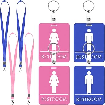 4 Pcs Bathroom Pass Restroom Hall Pass for Classrooms, Pink and Blue Bathroom Passes with Key Holder and Lanyard, Bathroom Key Chain for School Office Restaurant Public Place Toilet