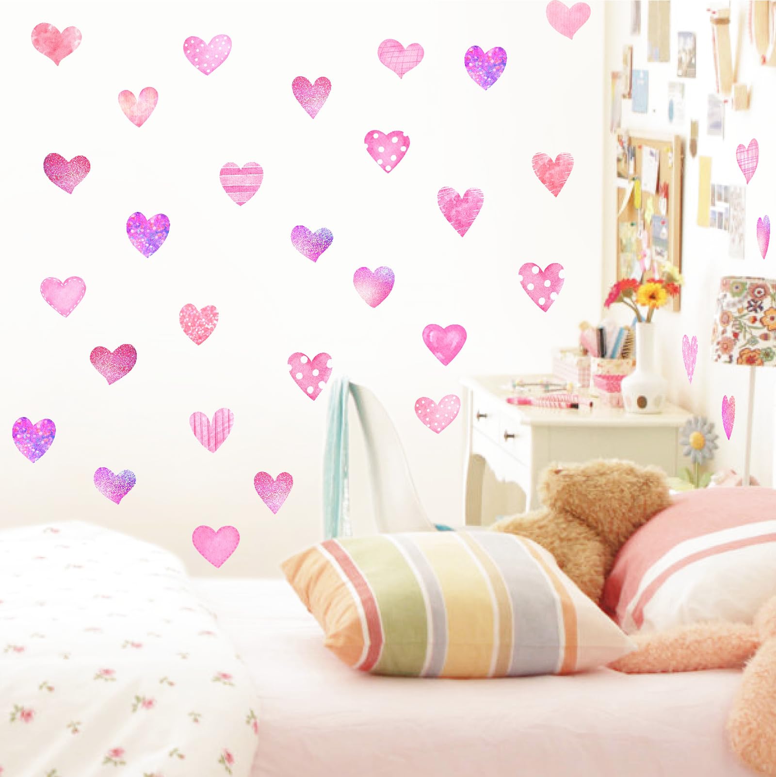 MOSITU Colourful Heart Wall Stickers 66 Pcs 3 Sheets Watercolour Fabric Heart Decals Peel and Stick Removable for Girls Room Nursery Bedroom Decor - Image 3