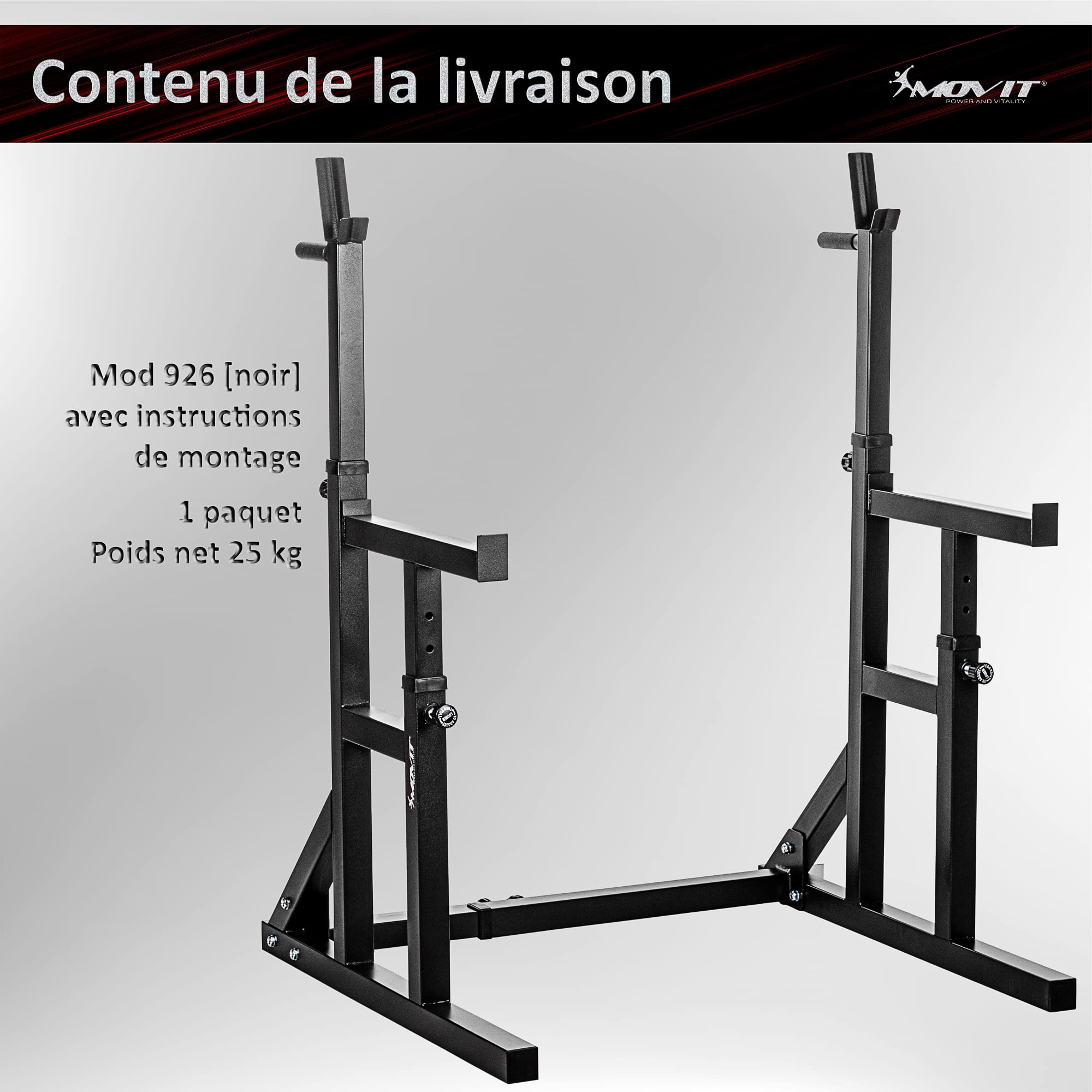 MOVIT Squat Rack Pro avec Station Dip, Hauteur et Largeur réglables, Support pour haltères Support pour haltères Appareil d'entraînement à Domicile Home-Gym, Blanc ou Noir