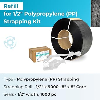IDL Packaging Refill for 1/2 Polypropylene (PP) Strapping Kits for Packaging Strapping - 1/2 x 9000' Polypropylene Strapping Roll of 8 x 8 Core Size and 1000 of 1/2 Open Seals