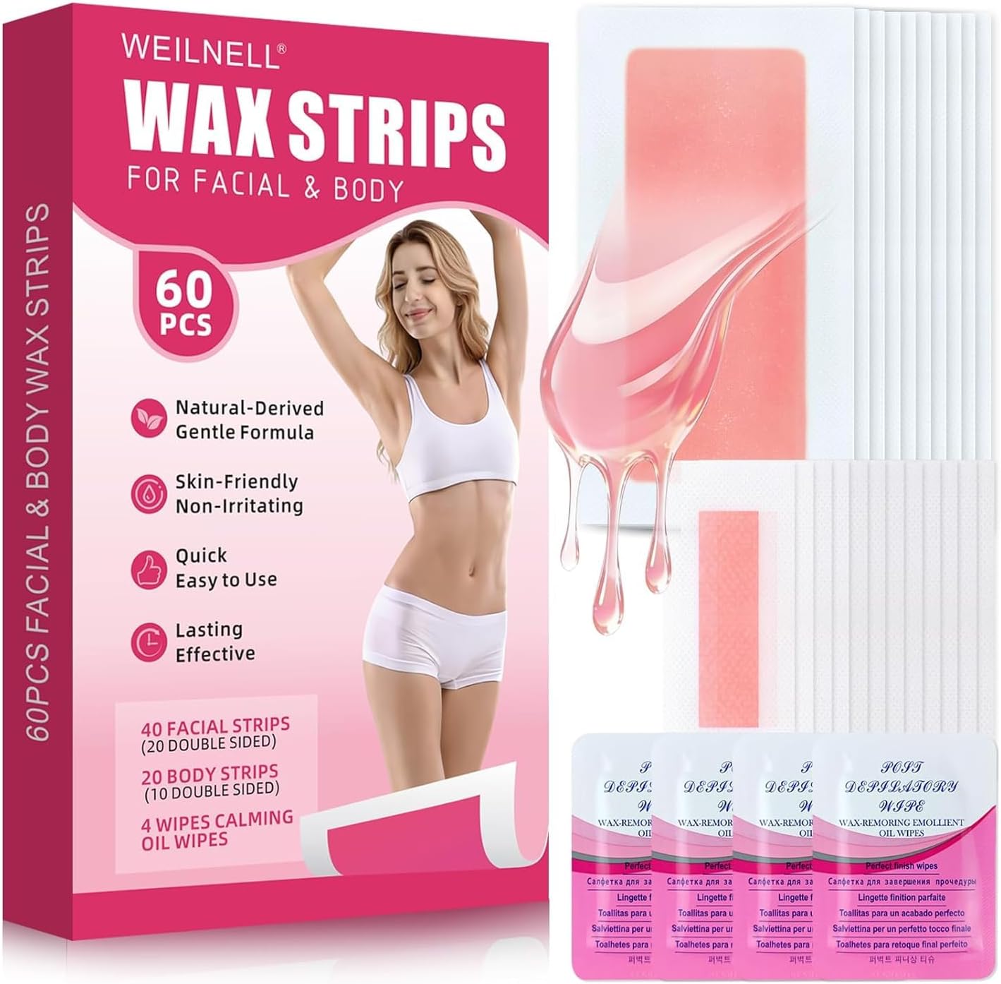 60 PCS Wax Strips for Hair Removal - 40 Facial & 20 Body Wax Strips for Women's Hair Removal, Waxing Strips for Face, Eyebrow, Arms, Legs, Chest, Bikini, Natural Formula for Smooth Skin & 4 Oil Wipes