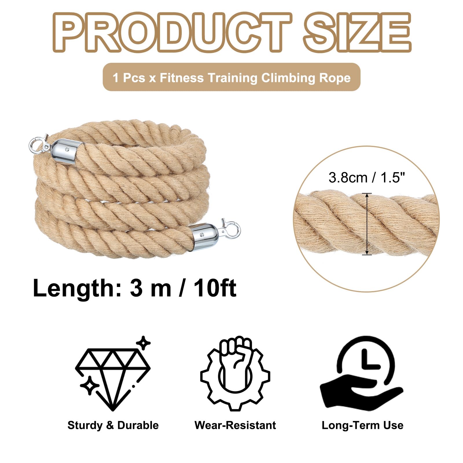 QUARKZMAN Corde De Sécurité En Jute 10ft X 1.5 Pouce Avec Mousquetons