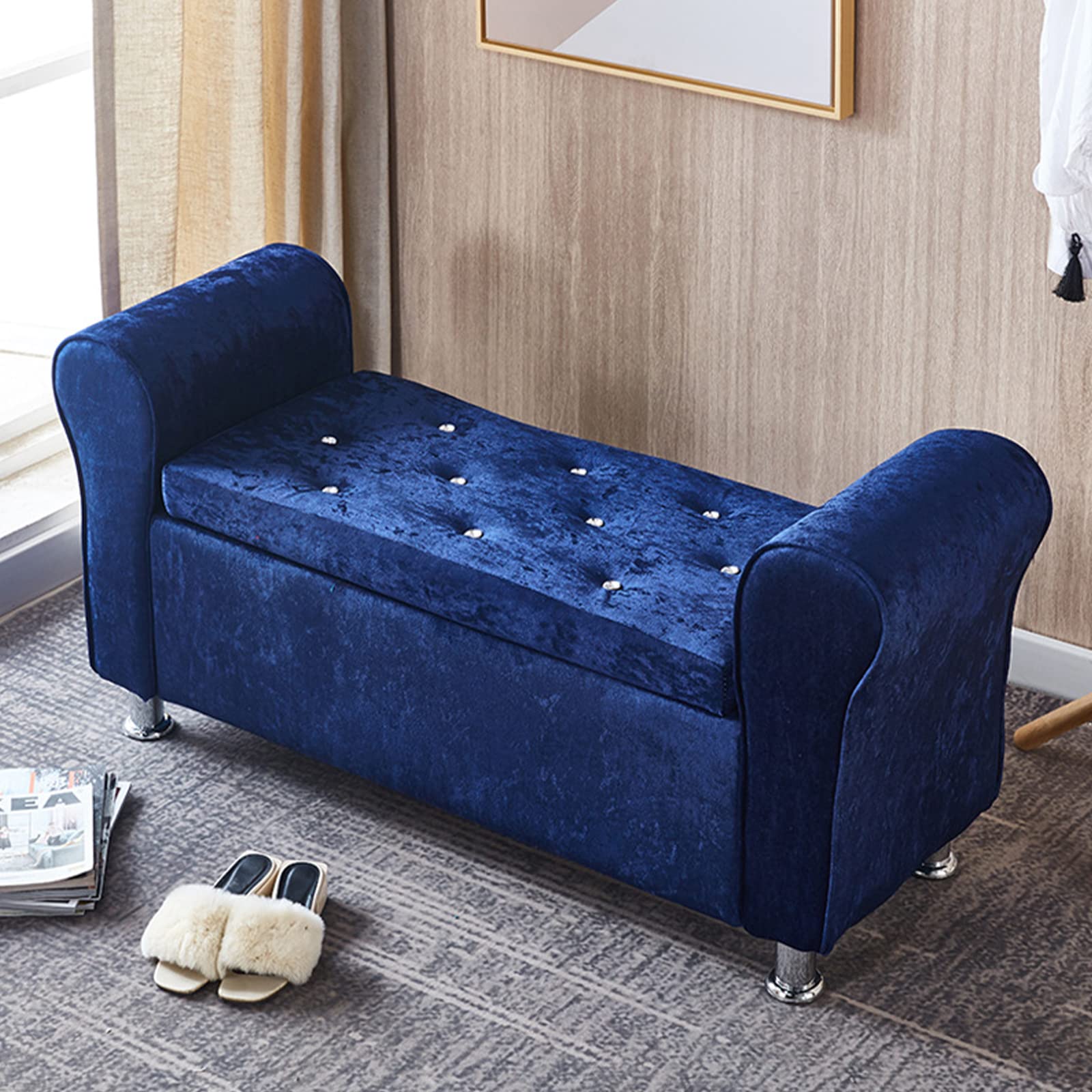 LMMIAOZ Velvet Upholstered Storage with Armrests Large Capacity Foot Rest Stool for Bedroom Living Room Button Tufted Long Storage Bench Dark Blue 100x40x40cm