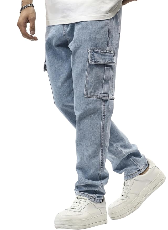 JMIERR Mens Elastic Waist Cargo Jeans Stretch Denim Pants with Drawstring Relaxed Fit for Casual Daily Wear