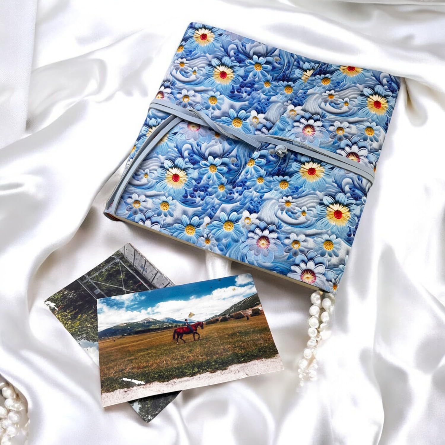 Album fotografico-Double Flower-in tessuto stamp.3D interno in ecopelle LUX personalizzabile,Classico con velina,Matrimonio,Regalo,Wedding,Anniversario (Senza Incisione, Azzurro/Cielo, 23x30)
