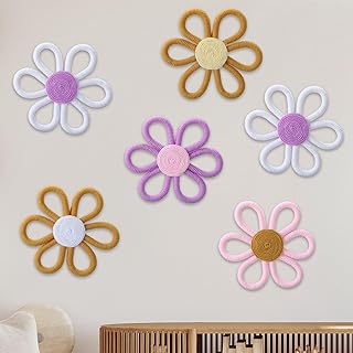 Ripeng 6 Pcs Boho Nursery Decor Flower Daisy Wall Art 6 Inch Woven Macrame Wall Hanging Bohemian Flower Decor Daisy Nursery for Baby Girls Kids Home Bedroom(Vintage Color)