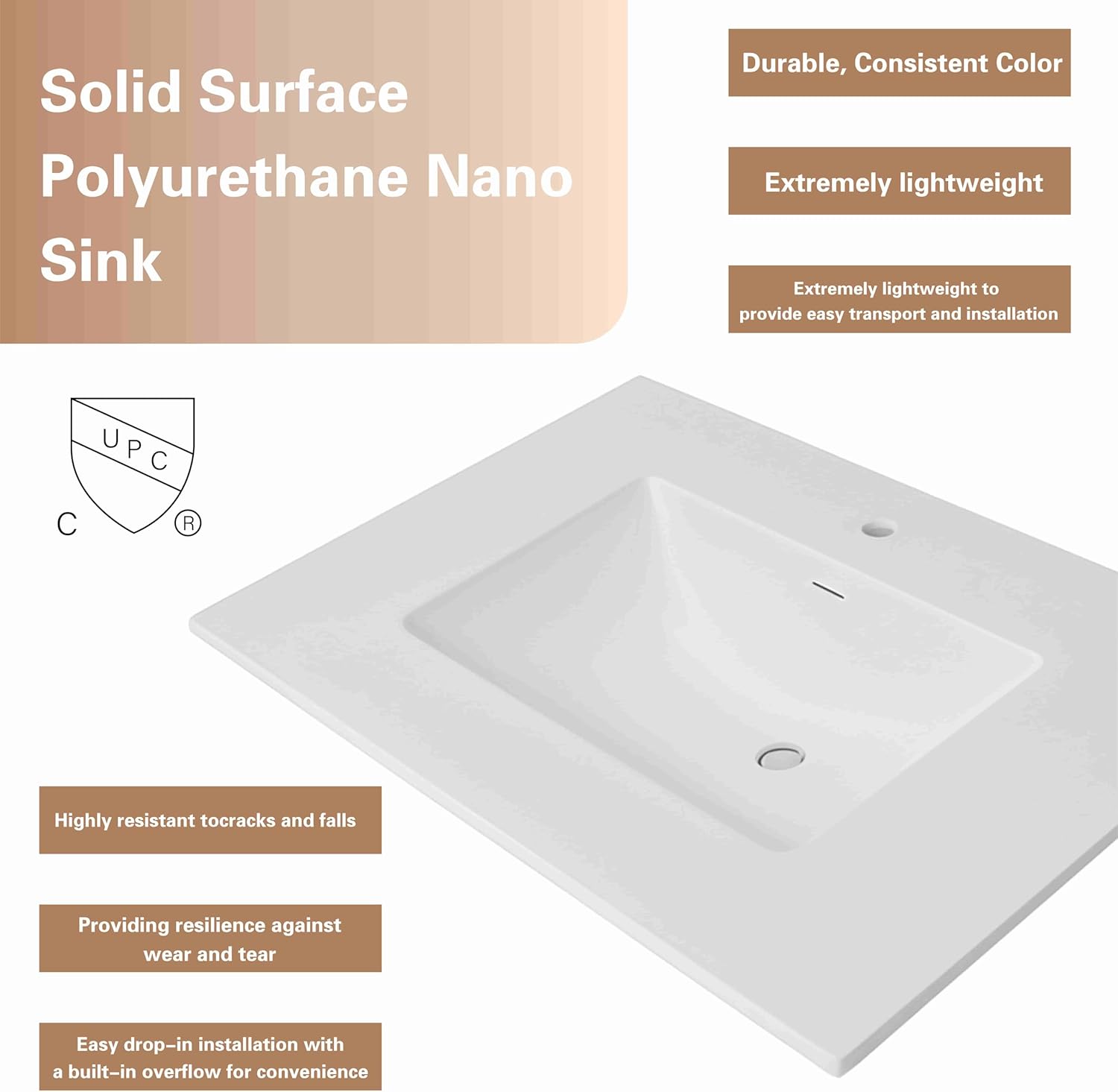 30" Maple Walnut Bathroom Vanity with Sink – Solid Surface One-Piece Top, Soft-Close Doors, Polyurethane Nano Resin Sink, Pre-Drilled Faucet Hole, Modern Bath Vanity Cabinet Set