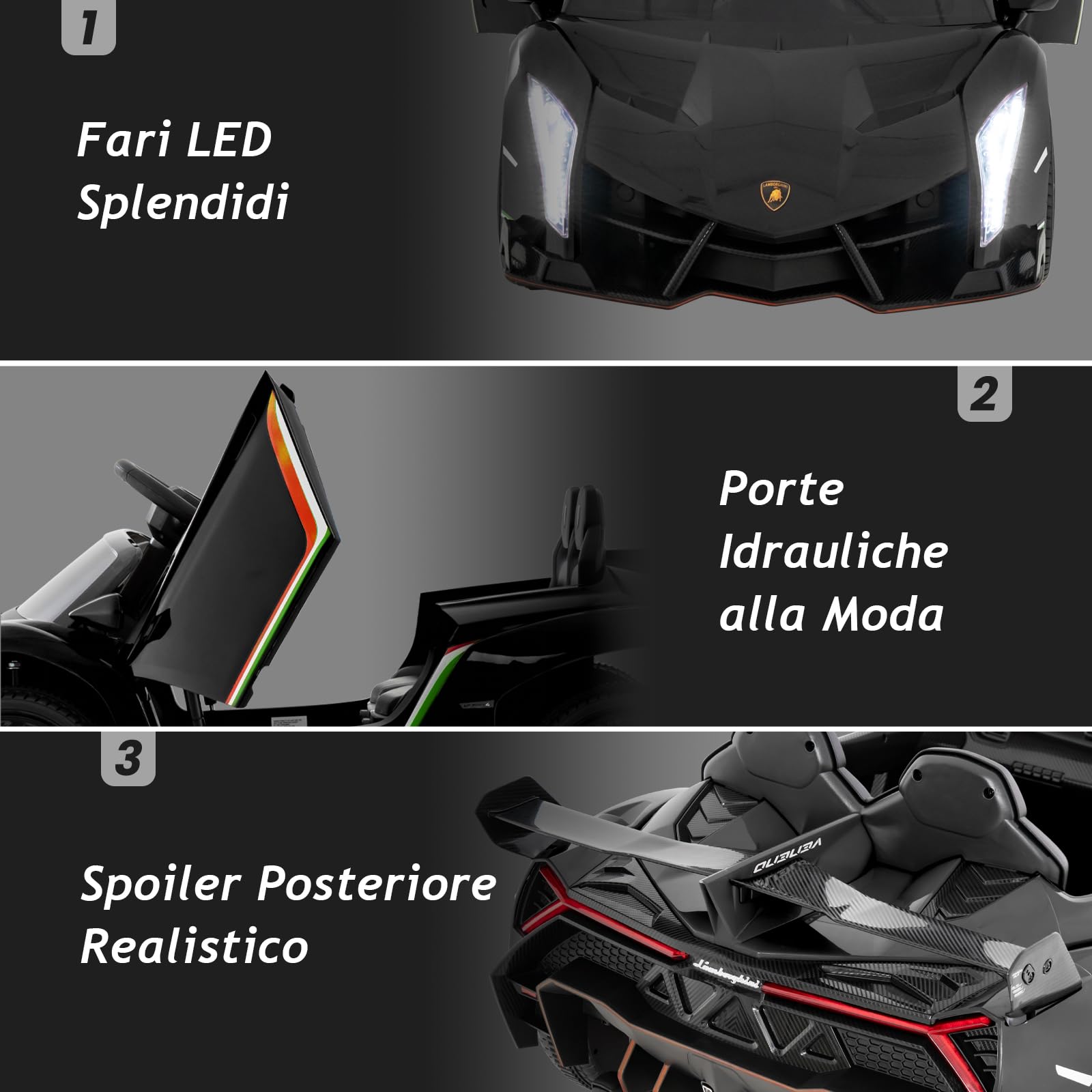 RELAX4LIFE Macchina Elettrica per Bambini, Lamborghini da 12 V con porta idraulica, auto elettrica con telecomando, MP3 e luce LED, veicoli elettrici per bambini(NERO)