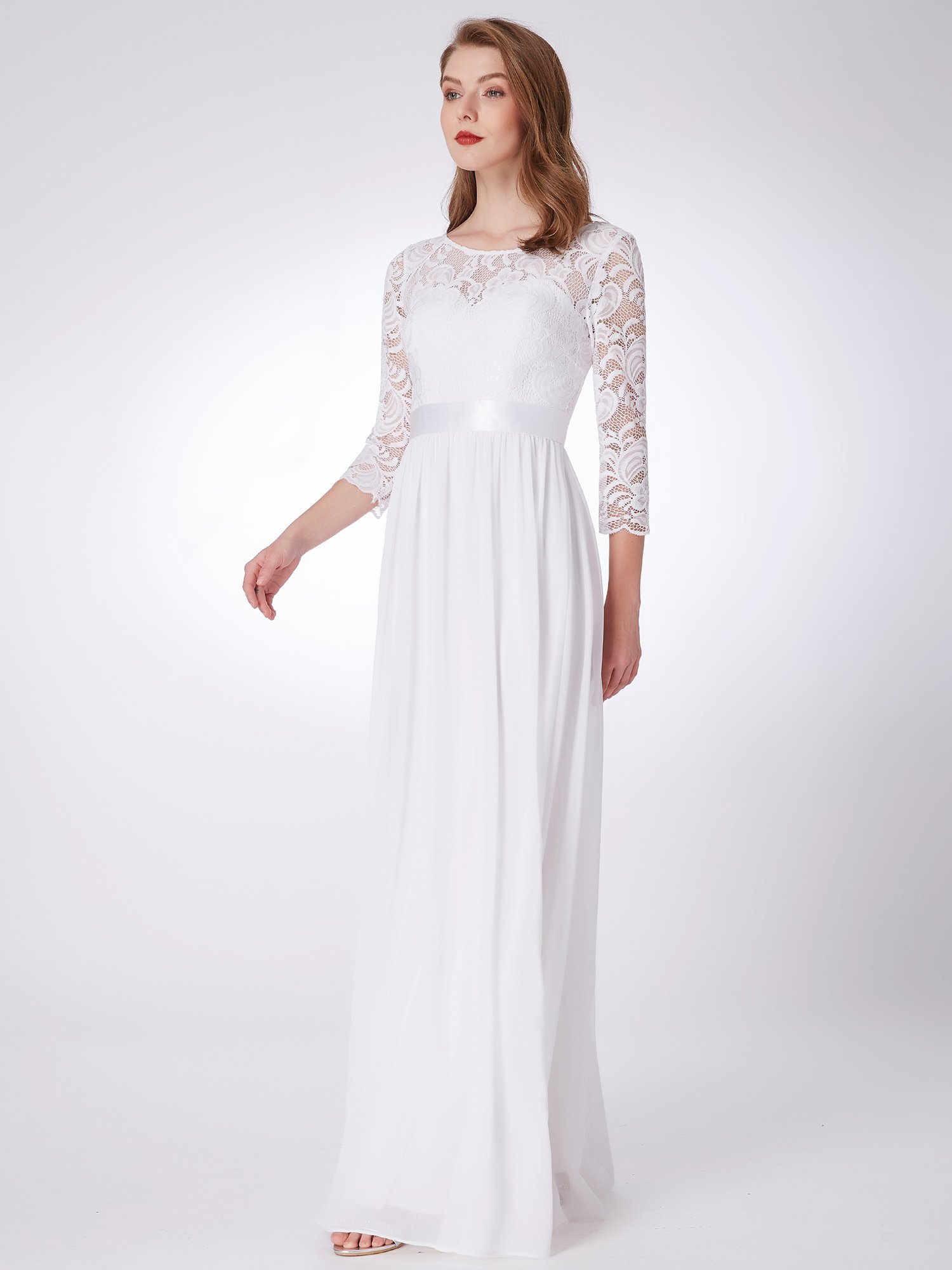 Ever-Pretty Vestidos de Gala Encaje Gasa Cuello Redondo Manga 3/4 Corte Imperio A-línea para Mujer EP07412-P