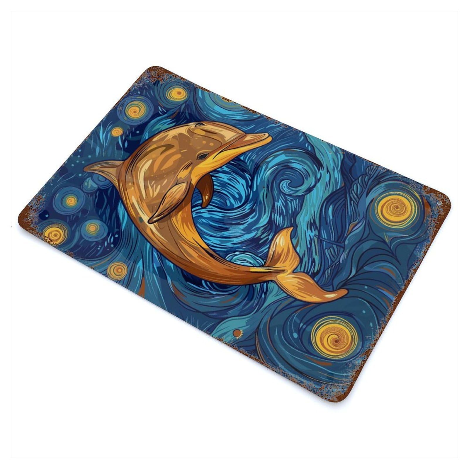 Weathered Tin Sign with Dolphin in Starry Night Style Design 11.8"x7.9", for Basement, Hobby Room And Garage Decor, Industrial Home Decor