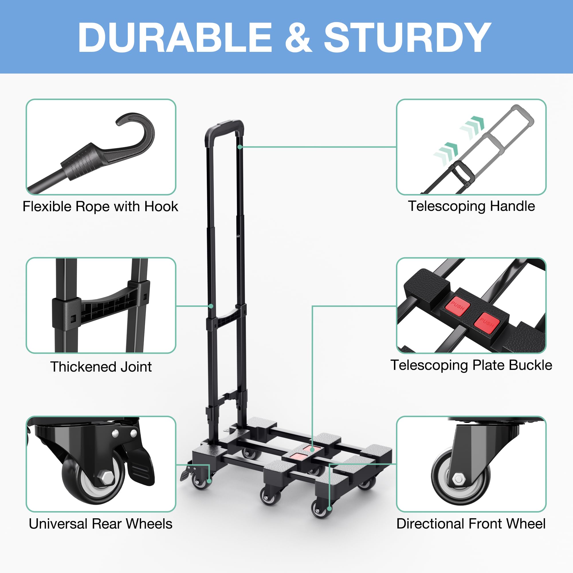 Carro de mano plegable, carrito de equipaje resistente de 500 libras, carrito de plataforma portátil con mango retráctil y 6 ruedas y 2 cuerdas elásticas para equipaje, mudanza, viajes, compras, uso
