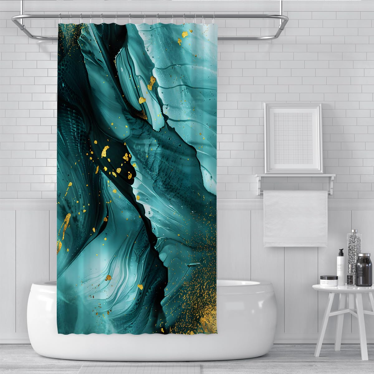 Rideau de Douche Salle de Bain marbre Bleu Sarcelle W150xL200 cm