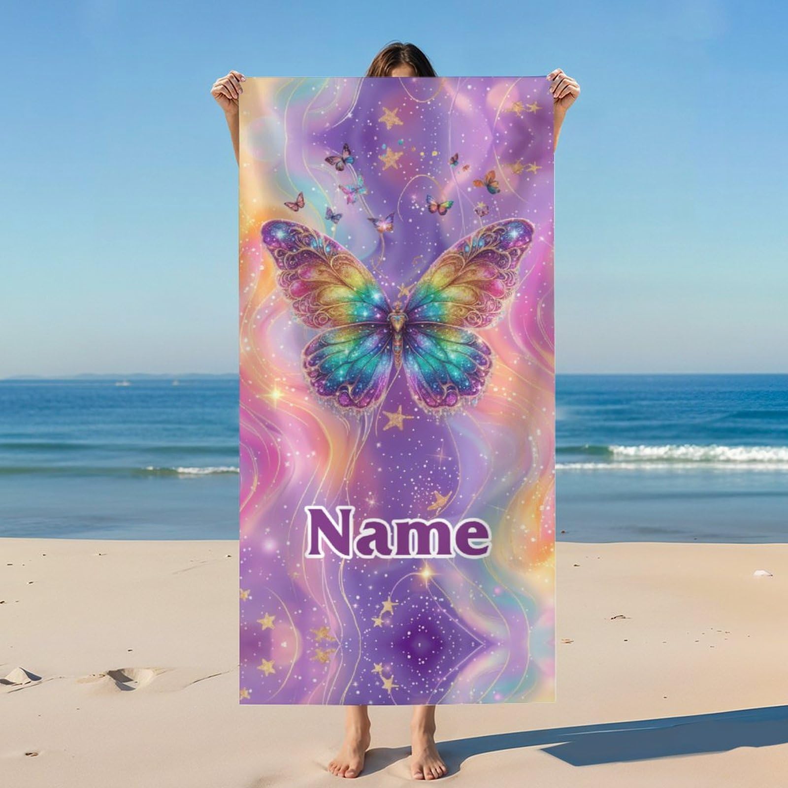 DREAMUGIFT Custom Beach Towel with Name, Cute Butterfly Bath Towels, Soft Quick Dry Towel for Kids Pet, Microfiber Towels for Bathroom Seaside Picnic