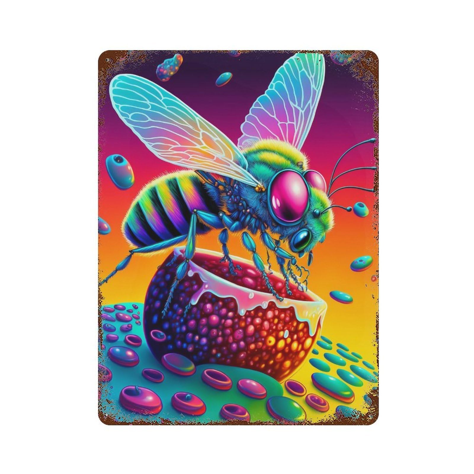 Vintage Rust Metal Sign Bee Art Print 15.7"x11.8", Old School Wall Decor for Office, Studio And Wall Decor