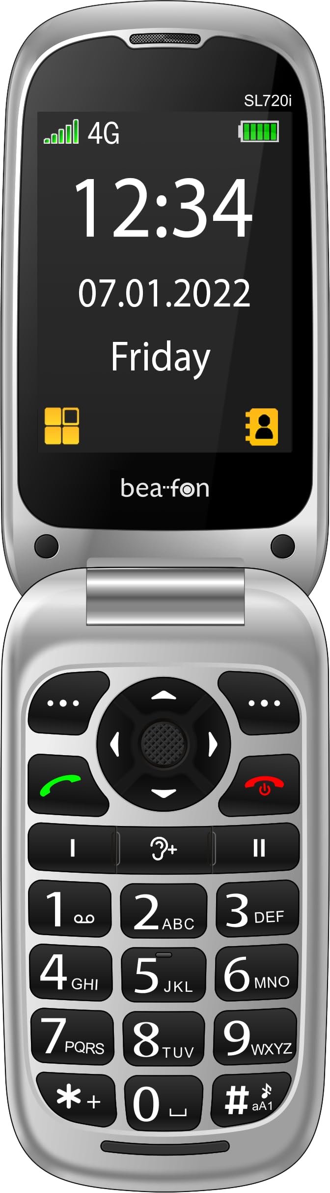 Beafon, SL720i, Silver Line, custodia pieghevole, 4G, telefono con tasti, anziani con pulsante di emergenza e zona di sicurezza, XXL 2,8" (7,11 cm), display a colori, compatibile con apparecchi