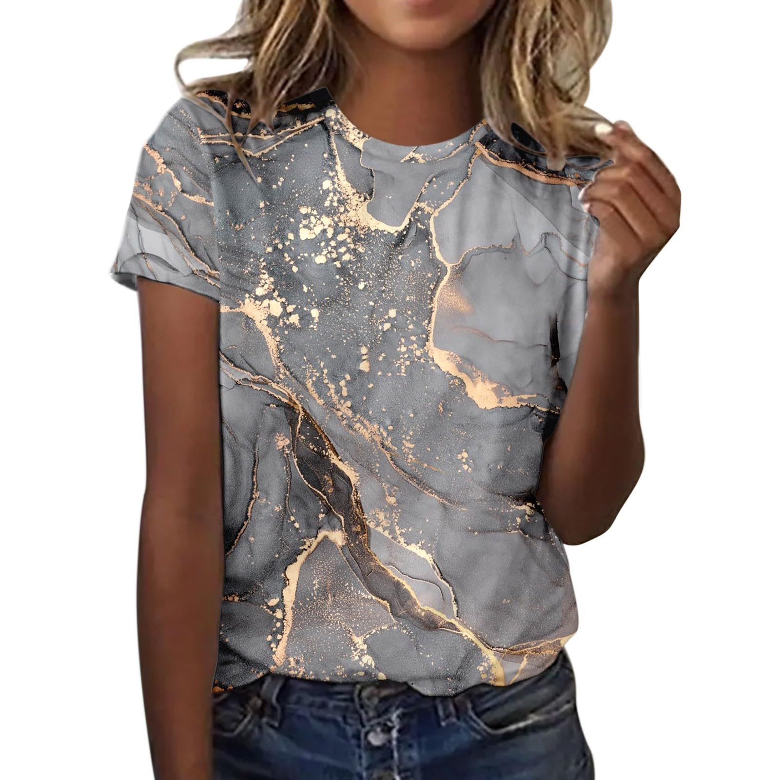 CGGMVCG Graphic Tees for Women Marble Print Crewneck Tops Short Sleeve Round Neck T Shirts for Women (Z01 Grey, M)