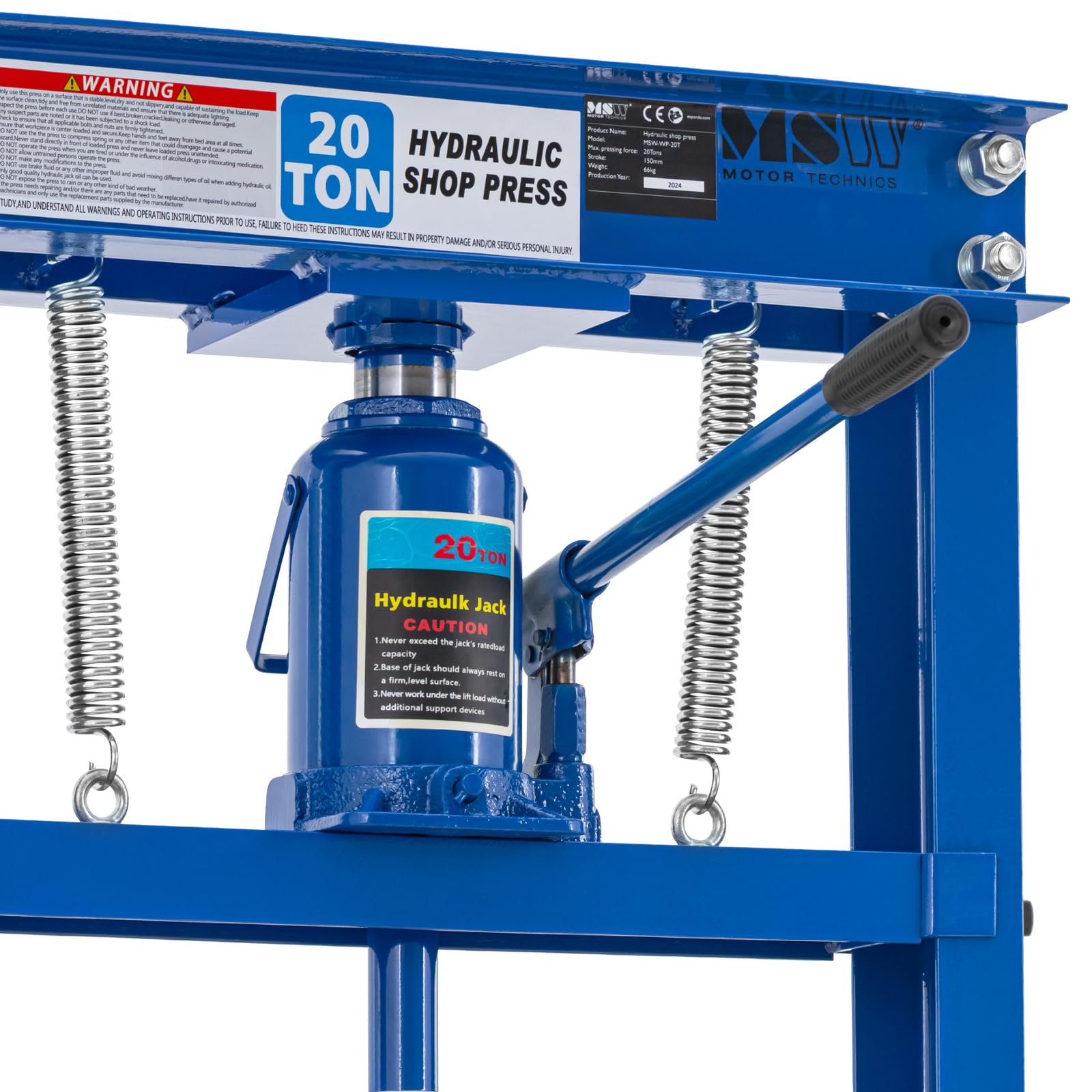 MSW - Prensa de taller de 20 t regulable en altura (7 posiciones), carrera: 150 mm, mesa: 600 x 190 mm, acero al carbono, prensa hidráulica, prensa hidráulica