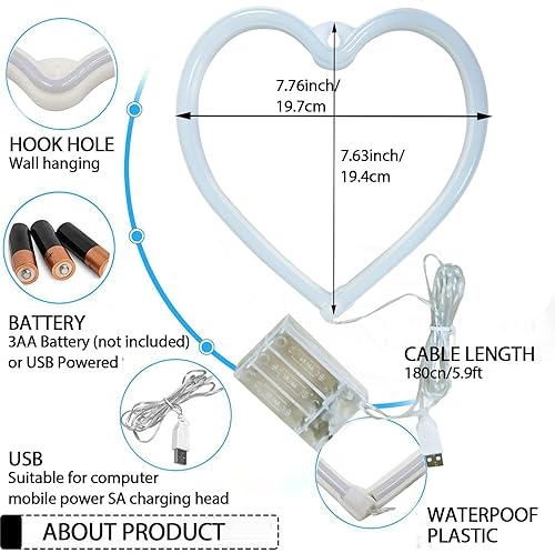 Miniatura 3 de YouOKLight Letrero de neón de corazón, luces de neón para decoración de pared de dormitorio, letrero de neón rosa, luz LED de corazón con USB y