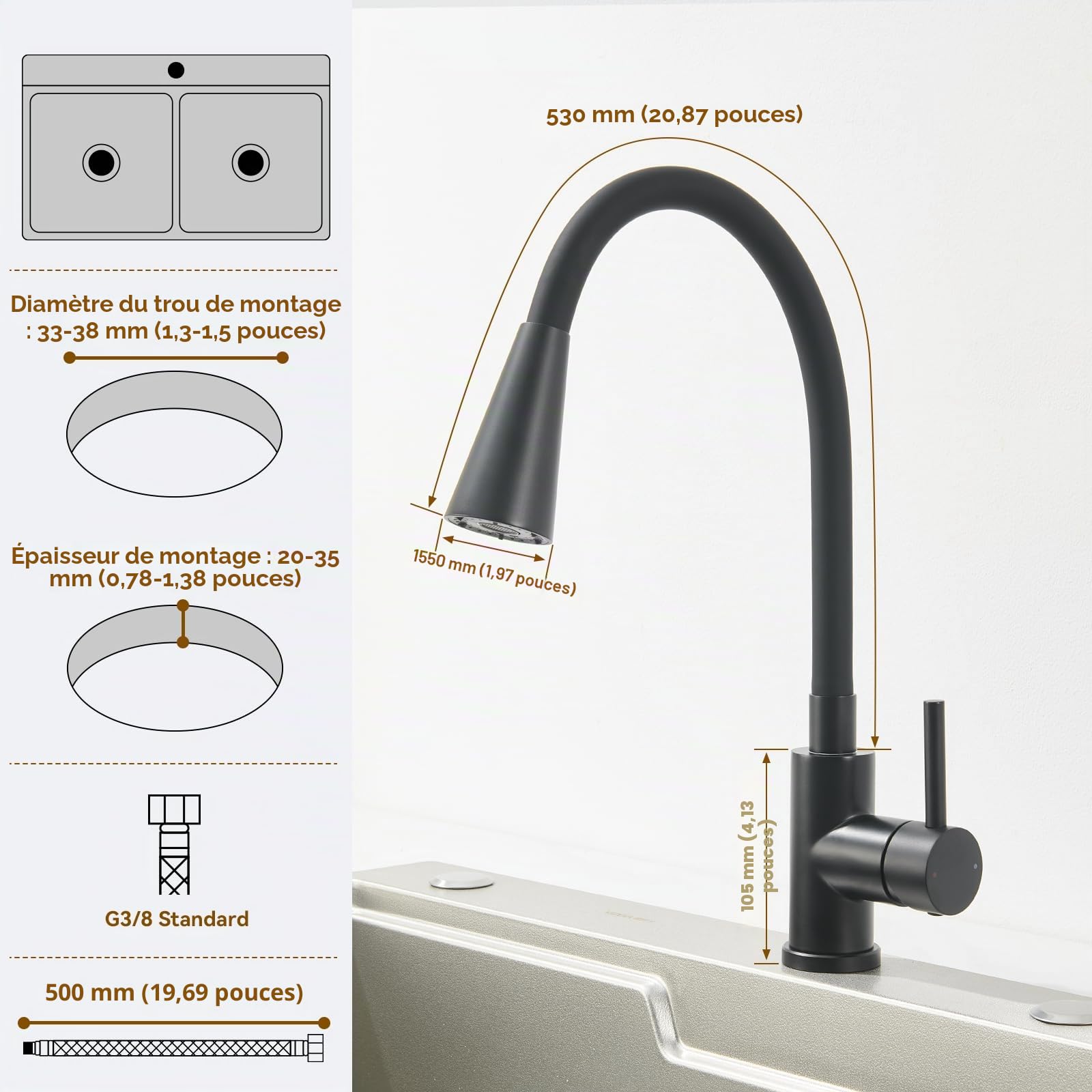 Robinet Cuisine Noir, Mitigeur Cuisine avec Bec Flexible 4 Modes de Réglage, Robinetterie Evier Pivotant à 360° en Acier Inoxydable, Froid & Chaud Disponible