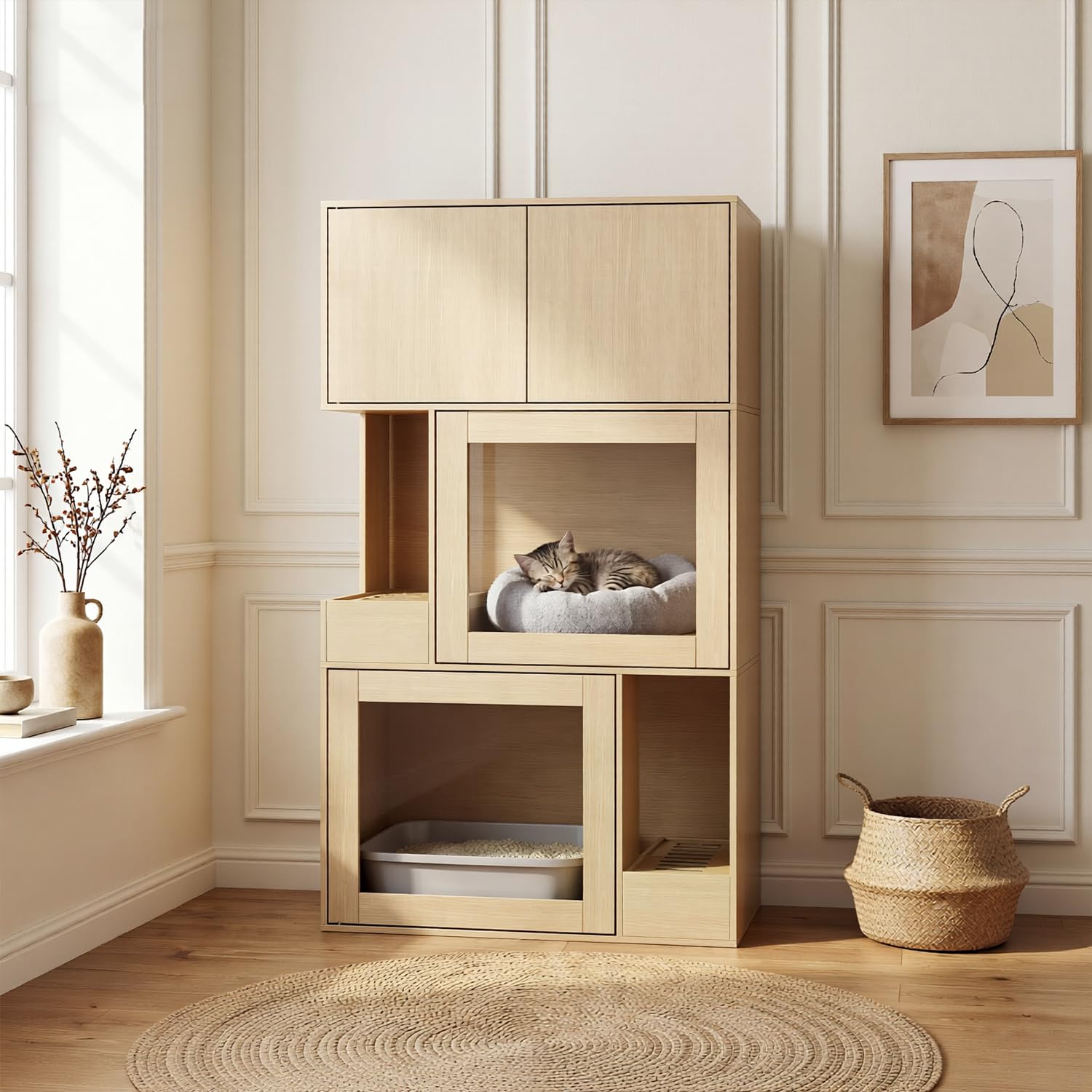 Armario para arenero de gato de 3 niveles con cajón y puerta & entrada, 3 en 1 casa para gatos arenero mesa auxiliar, armario para arenero de gato cómoda para gatos, cueva para mascotas, color madera
